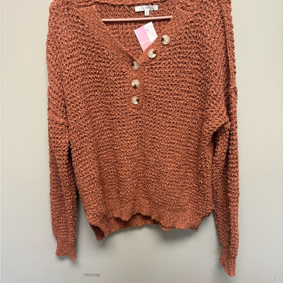 Veveret Cozy Knit Henley Sweater in Rust - Picture 2 of 6